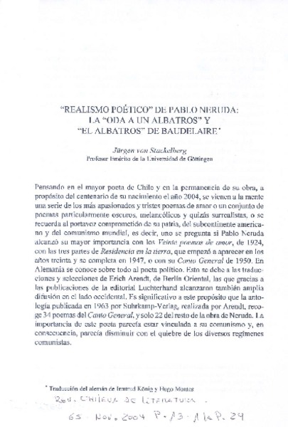 "Realismo poético" de Pablo Neruda : la "oda a un albatros" ; y, "el Albastros" de Baudelaire