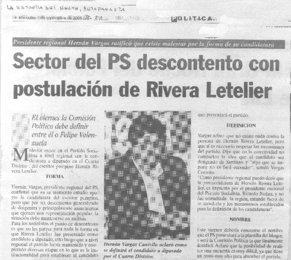 Secor del PS descontento con postulaciòn de Rivera Letelier.