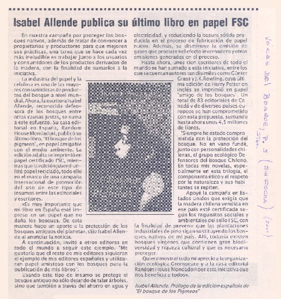 Isabel Allende publica su último libro en papel FSC