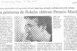 Novela póstuma de Bolaño obtiene Premio Municipal.