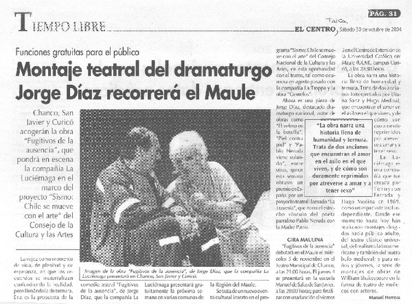 Montaje teatral del dramaturgo Jorge Díaz recorrerá el Maule