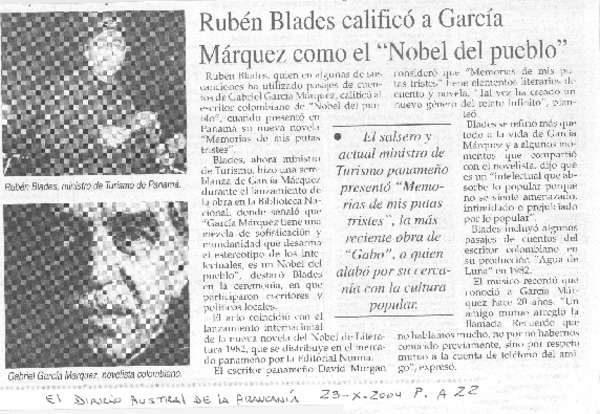 Rubén Blades calificó a García Márquez como el "Nobel del pueblo"