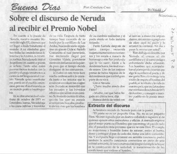 Sobre el discurso de Neruda al recibir el Premio Nobel.