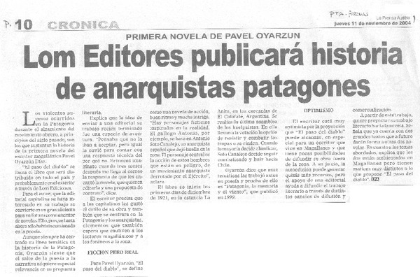 Lom Editores pubicará historia de anarquistas patagones.