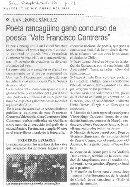 Poeta rancagüino ganó concurso de poesía "Vate Francisco Contreras"