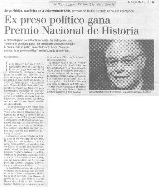 Ex preso político gana Premio Nacional de Historia.