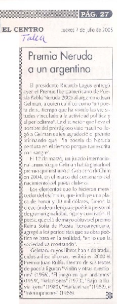 Premio Neruda a un argentino