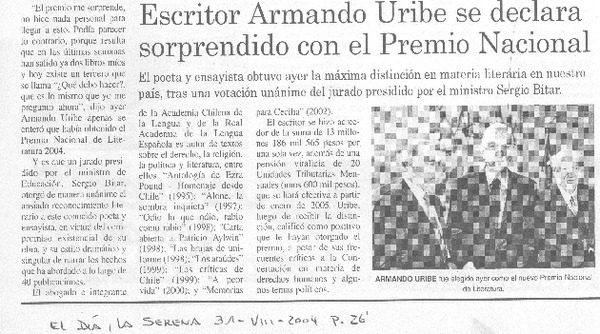 Escritor Armando Uribe se declara sorprendido con el Premio Nacional.