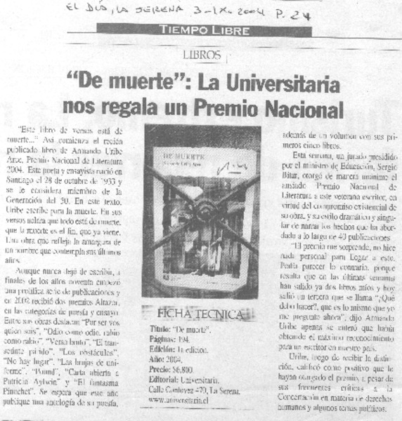 "De muerte": La Universitaria nos regala un Premio Nacional.