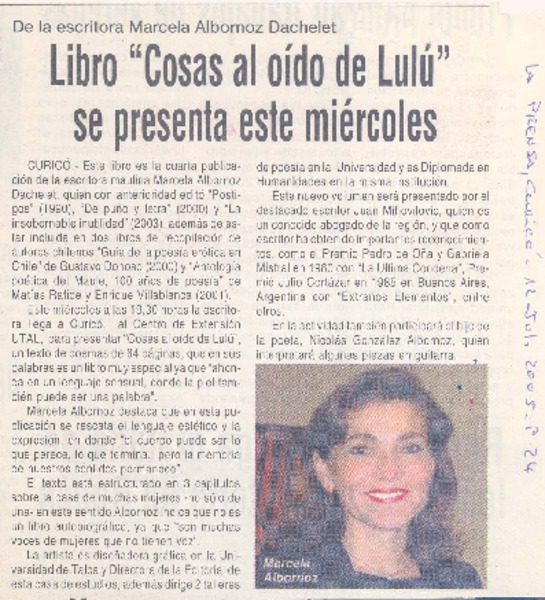 De la escritora Marcela Albornoz Dachelet libro "Cosas al oído de Lulú" se pesenta este miércoles
