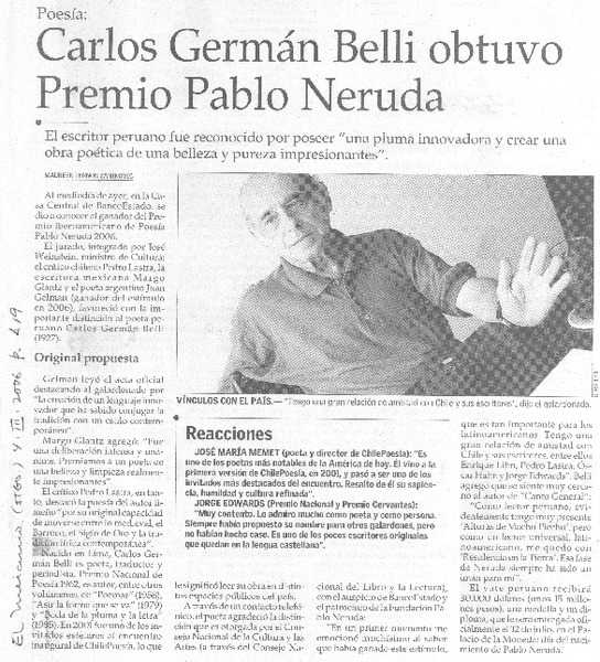 Carlos Germán Belli obtuvo Premio Pablo Neruda