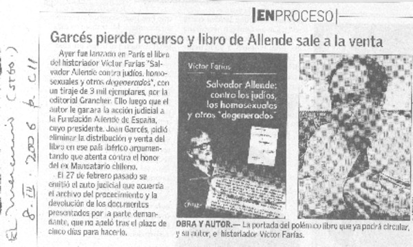 Garcés pierde recurso y libro de Allende sale a la venta