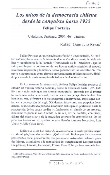 Los Mitos de la democaria chilena desde la conquista hasta 1925.