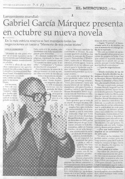 Gabriel García Márquez presenta en octubre su nueva novela.