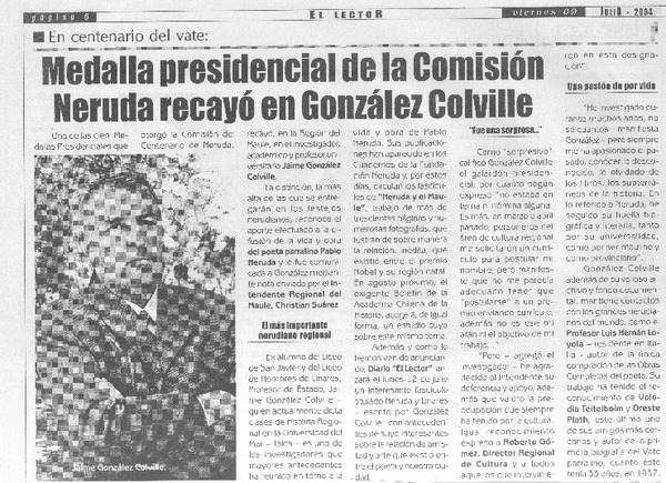 Medalla presidencial de la Comisión Neruda recayó en González Colville.
