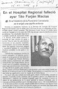 En el hospital regional falleció ayer Tito Forján Macías