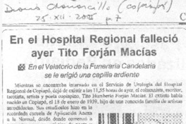 En el hospital regional falleció ayer Tito Forján Macías
