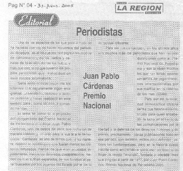 Periodistas : Juan Pablo Cárdenas Premio Nacional