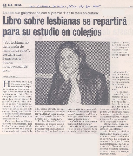 La obra fue galardonada con el premio "Haz tu tesis en cultura" : libro sobre lesbianas se repartirá para su estudio en colegios