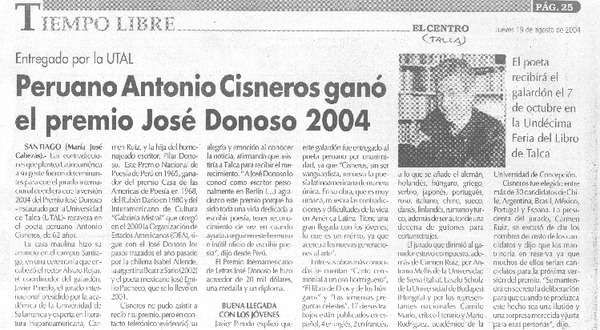 Peruano Antonio Cisneros ganó el premio José Donoso 2004