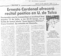 Ernesto Cardenal ofrecerá recital poético en U. de Talca