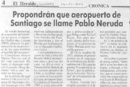 Propondrán que aeropuerto de Santiago se llame Pablo Neruda