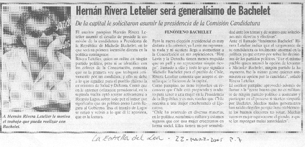 Hernán Rivera Letelier será generalísimo de Bachelet