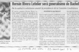 Hernán Rivera Letelier será generalísimo de Bachelet
