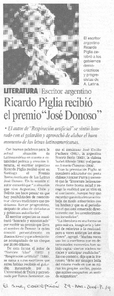 Ricardo Piglia recibió el premio "José Donoso"