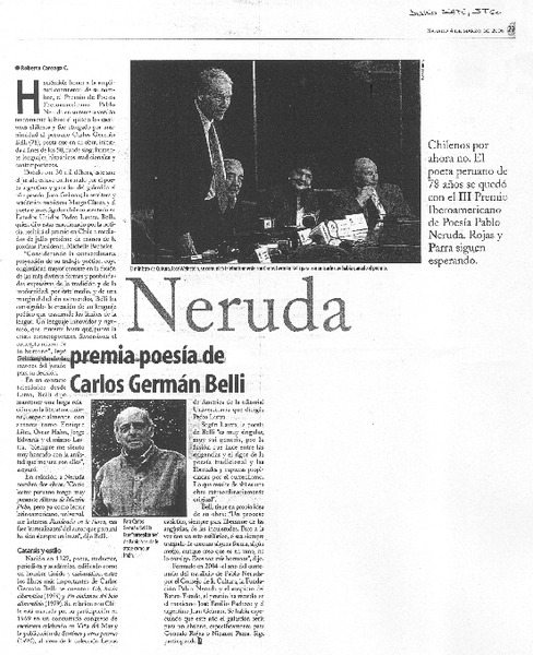 Nerruda premia poesía de Carlos Germán Belli.