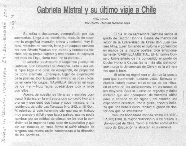 Gabriela Mistral y su último viaje a Chile (XIII parte)