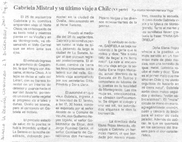 Gabriela Mistral y su último viaje a Chile (XVparte )