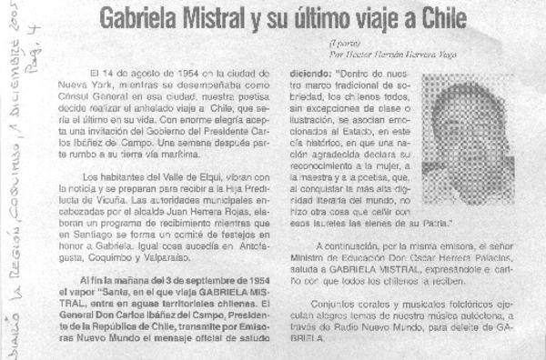 Gabriela Mistral y su último viaje a Chile ((I parte)