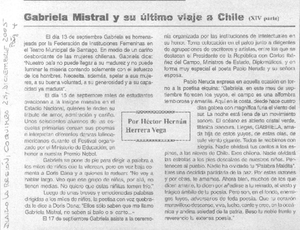 Gabriela Mistral y su último viaje a Chile (XIV parte)