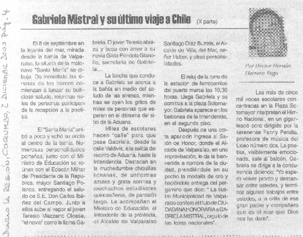 Gabriela Mistral y su último viaje a Chile (X parte)
