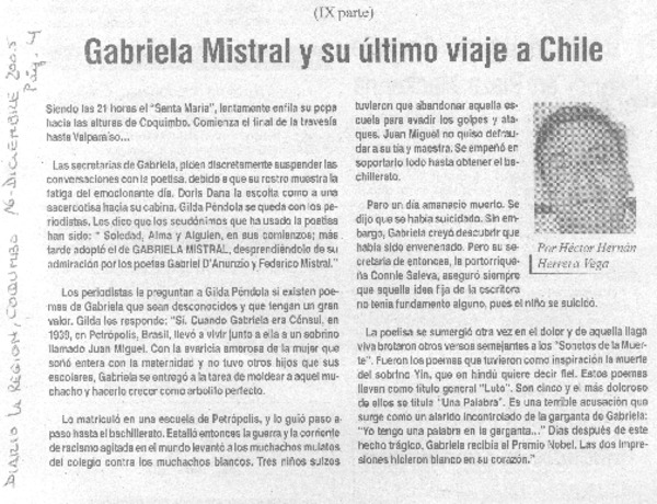 Gabriela Mistral y su último viaje a Chile (IX parte)