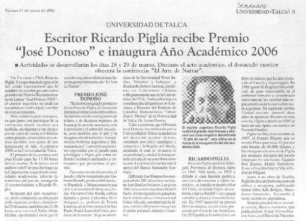 Escritor Ricardo Piglia recibe Premio "José Donoso " e inaugura Año Académico 2006