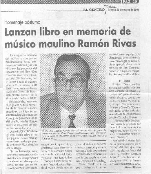 Lanzan libro en memoria de músico maulino Ramón Rivas