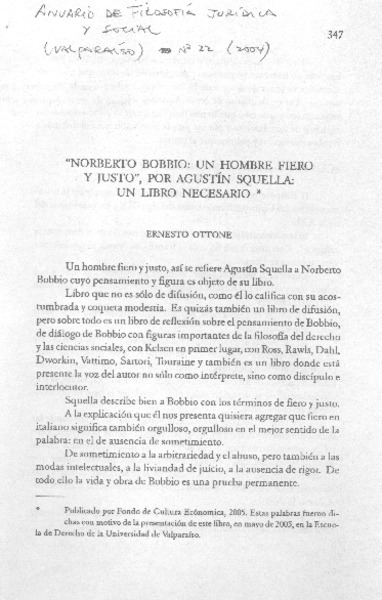 "Norberto Bobbio, un hombre fiero y justo", por Agustín Squella : un libro necesario