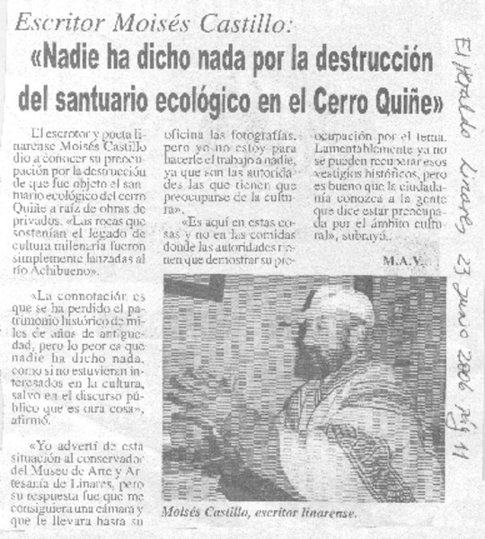 Escritor Moisés Castillo : "Nadie ha dicho nada por la destruccción del santuario ecológico en el Cerro Quiñe"