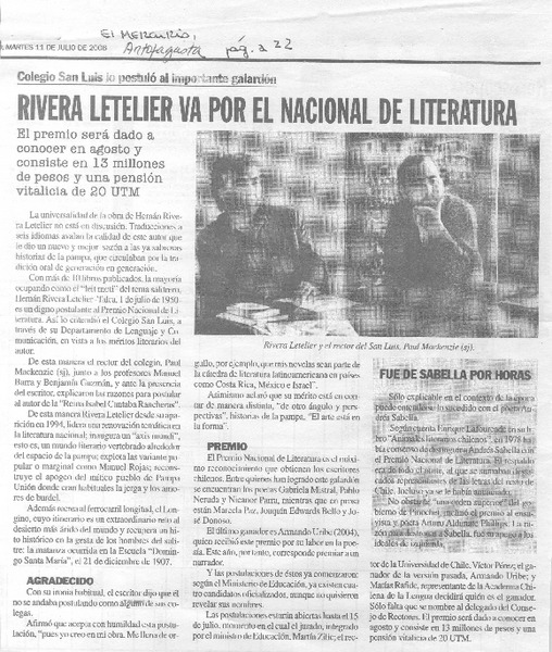 Rivera Letelier va por el Nacional de Literatura