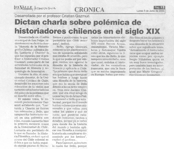 Dictan charla sobre polémica de historiadores chilenos en el siglo XIX