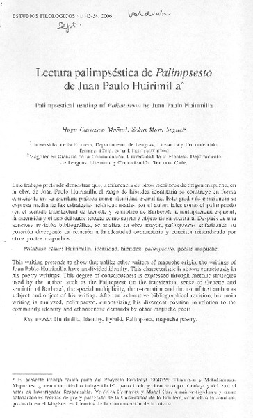 Lectura palimpséstica de Palimpsesto de Juan Paulo Huirimilla