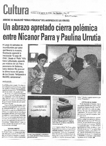 Un abrazo apretado cierra polémica entre Nicanor Parra y Paulina Urrutia