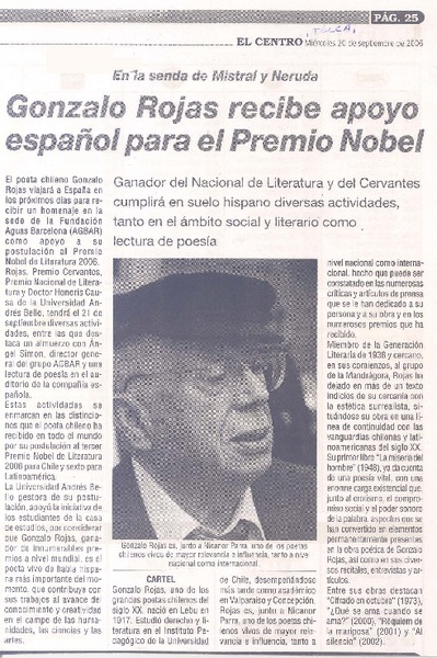En la senda de Mistral y Neruda Gonzalo Rojas recibe apoyo español para el Premio Nobel