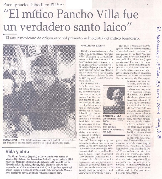 Paco Ignacio Taibo II en FILSA : "el mítico Pancho Villa fue un verdadero santo laico"