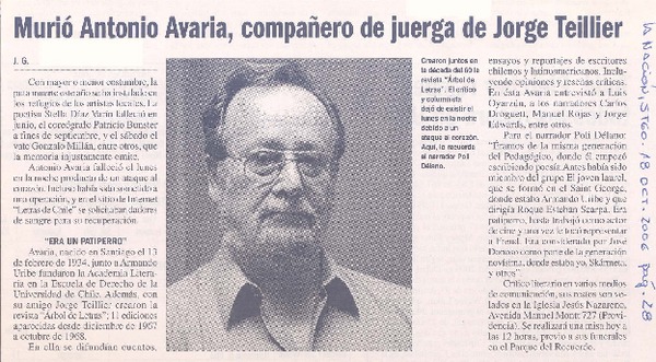 Murió Antonio Avaria, compañero de juerga de Jorge Teillier