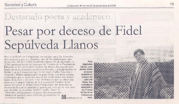 Destacado poeta y académico : pesar por deceso de Fidel Sepúlveda Llanos