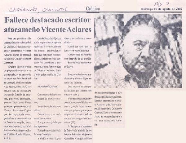 Fallece destacado escritor atacameño Vicente Aciares