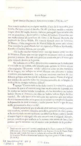 José Emilio Pacheco : aproximaciones a T.S. Eliot